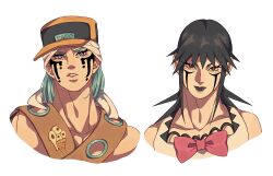 2boys absurdres baseball_cap belt black_hair black_lips blue_hair bow brown_belt charming_man commentary cropped_shoulders facial_mark food_print hat highres hood hood_down ice_cream_print jojo_no_kimyou_na_bouken male_focus medium_hair multiple_boys orange_hat paco_laburantes parted_lips pink_bow purple_eyes red_eyes shoulder_belt simple_background siniy symbol-only_commentary teeth the_jojolands white_background