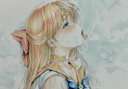 aino_minako bishoujo_senshi_sailor_moon blonde_hair blue_bow blue_eyes bow choker crying cum cum_on_body earrings facial hair_bow jewelry katsu_(24791909) long_hair red_bow sailor_senshi sailor_senshi_uniform sailor_venus trembling tiara tongue tongue_out traditional_media