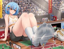 2boys 6+girls :o ankle_socks audience ball black_shorts blue_hair feet foot_focus giant giantess gym hair_ornament highres indoors light_blush multiple_boys multiple_girls on_floor original parted_lips raised_eyebrows school scoreboard shoes short_shorts shorts sitting size_difference socks soles solo_focus sports_bra sportswear sweat user_yjnc3752 volleyball volleyball_(object) volleyball_net volleyball_uniform white_shoes white_socks white_sports_bra