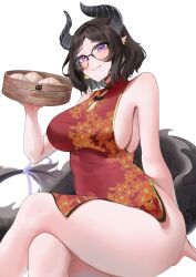 1girl steamed_bun black_bow black_hair black_horns black_tail bow breasts closed_mouth commission crossed_legs dragon_girl dragon_tail dress earrings floral_print food glasses gold_trim highres horns indie_virtual_youtuber jewelry large_breasts loyally_bear pointy_ears purple_eyes red_dress short_hair sleeveless sleeveless_dress solo tail virtual_youtuber yoshiii