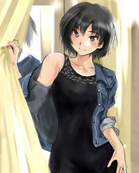 1girl amagami black_dress black_hair blue_jacket blush brown_eyes closed_mouth collarbone curtains denim denim_jacket dress female_focus hand_on_own_hip head_tilt indoors jacket jewelry looking_at_viewer mirror murasaki_iro nanasaki_ai off_shoulder open_clothes open_jacket reflection ring short_hair single_bare_shoulder three-quarter_sleeves smile solo unbuttoned upper_body