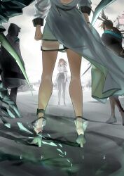 1other 3girls amiya_(arknights) animal_ears anklet arknights arm_at_side black_coat black_pantyhose black_shoes brown_hair brown_pantyhose coat commentary doctor_(arknights) english_commentary faceoff furiwo high_heels holding hood hood_up hooded_coat jewelry kal&#039;tsit_(arknights) long_hair long_sleeves looking_at_another medium_hair mon3tr_(arknights) mon3tr_(summon)_(arknights) multiple_girls pantyhose ponytail priestess_(arknights) shoe_soles shoes spoilers standing