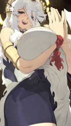 1girl armlet between_breasts bike_shorts blue_shorts borrowed_character breasts broken_halo commission dress fangs hair_ornament hair_stick halo hata4564 highres jewelry large_breasts laurel_crown long_hair looking_at_viewer open_mouth original own_hands_together purple_eyes shorts skeb_commission smile solo teeth upper_teeth_only white_dress yellow_halo