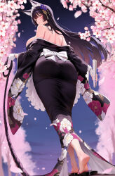 Rule 34 | 1girl, absurdres, animal ears, ass, azur lane, bare shoulders, blush, cherry blossoms, commentary, floral print, flower, folding fan, fox ears, fox girl, from behind, full body, gloves, hair ornament, hand fan, highres, holding, holding fan, holding rope, japanese clothes, kiek qaq, long hair, long sleeves, looking at viewer, looking back, md5 mismatch, musashi (azur lane), musashi (violet moonglow) (azur lane), nail polish, off shoulder, official alternate costume, purple hair, purple nails, resolution mismatch, rope, sandals, smile, soles, solo, source smaller, standing, white gloves, wide sleeves, yellow eyes