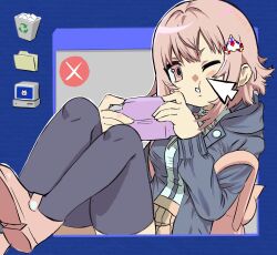 1girl ;o amkm_8 animal_bag black_shirt black_thighhighs blush brown_hair brown_skirt cat_bag danganronpa_(series) danganronpa_2:_goodbye_despair desktop_(computing) galaga handheld_game_console highres holding holding_handheld_game_console hood hood_down jacket medium_hair nanami_chiaki neck_ribbon one_eye_closed open_clothes open_jacket pink_bag pink_ribbon pink_shoes pleated_skirt ribbon shirt shoes skirt solo spaceship_hair_ornament thighhighs two-tone_shirt white_shirt