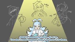 Rule 34 | 4girls, absurdres, ahoge, beret, blue hair, closed eyes, demon horns, dunkemz, english text, engrish text, hat, highres, hololive, hololive dev is, hololive english, hololive indonesia, hood, hoodie, horns, jdon in my soul (meme), kobo kanaeru, kobo kanaeru (1st costume), light blue hair, long hair, meme, multicolored hair, multiple girls, nerissa ravencroft, open mouth, ranguage, sakura miko, short hair, spotlight, streaked hair, sunglasses, thumbs up, todoroki hajime, twintails, very long hair, virtual youtuber, white hair, white hoodie