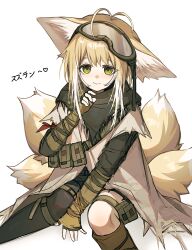 1girl absurdres animal_ears arknights blonde_hair character_name ev-oo fingerless_gloves fox_ears fox_girl fox_tail gloves goggles goggles_on_head green_eyes highres kitsune kyuubi multiple_tails official_alternate_costume simple_background sitting solo suzuran_(arknights) suzuran_(lostlands_flowering)_(arknights) tail white_background