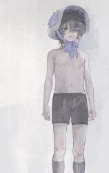 1boy arms_at_sides black_hair bonnet child hair_between_eyes highres looking_at_viewer lulu_(13093se) male_focus navel nipples open_mouth ribs short_hair short_shorts shorts simple_background skinny slow_damage socks solo standing teeth topless_male towa_(slow_damage) upper_teeth_only white_background