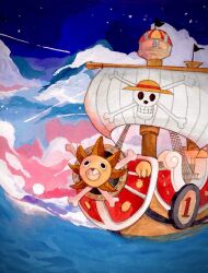 boat cloud highres jolly_roger no_humans ocean one_piece prow shroud_(sailing) sinoda_maru7326 straw_hats_jolly_roger sunset thousand_sunny traditional_media watercraft