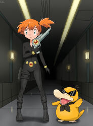 Rule 34 | 1girl, absurdres, alternate costume, arm at side, ascot, belt buckle, black bodysuit, black boots, bodysuit, boots, bracelet, breasts, buckle, catsuit, collarbone, crease, dark background, eyelashes, facing viewer, fankifalu, female focus, finger on trigger, full body, gen 1 pokemon, green eyes, groin, gun, gym leader, hallway, hand up, happy, highres, huge weapon, jewelry, knees, looking at viewer, misty (pokemon), neck, nintendo, orange hair, pokemon, pokemon (creature), pokemon frlg, psyduck, scan, side ponytail, size difference, skin tight, small breasts, smile, standing, sunglasses, thigh strap, thighs, v-neck, weapon