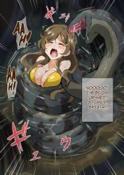 1girl anaconda arniro111 bikini blush breasts brown_hair cleavage closed_eyes crushing crying hair_ornament hairclip highres imminent_death jungle large_breasts long_hair nature open_mouth outdoors ryona saliva shinomiya_himawari snake sweat swimsuit tears vividred_operation vore yellow_bikini you_gonna_get_eaten