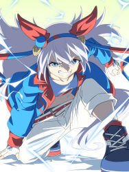 1girl animal_ears baasaku_(balasaku24) blue_eyes blue_jacket blue_shirt blue_shoes commentary ear_covers fingerless_gloves gloves gradient_background green_background grin hairband highres horse_ears horse_girl horse_tail jacket lightning lightning_bolt_symbol long_hair multicolored_jacket pants red_jacket shirt shoes smile solo tail tamamo_cross_(umamusume) teeth two-tone_jacket umamusume umamusume:_cinderella_gray white_background white_gloves white_hair white_pants