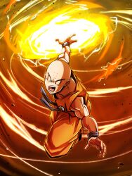 1boy bald bald_male black_eyes dragon_ball kienzan kuririn lightning muscular muscular_male serious solo