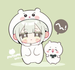 Rule 34 | 1girl, bang dream!, bang dream! it&#039;s mygo!!!!!, blush, character name, chibi, closed mouth, commentary, green background, green hair, hair ornament, hairclip, hood, hood up, kyou 039, onesie, simple background, twitter username, wakaba mutsumi, yellow eyes