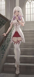 1girl absurdres armpits blue_eyes boots bracelet breasts character_request choker closed_mouth commentary commission curly_hair final_fantasy final_fantasy_xiv finger_to_mouth full_body gradient_hair highres indoors jewelry light_particles llami_0 long_hair looking_at_viewer medium_breasts midriff_peek miniskirt multicolored_hair on_stairs pixiv_commission purple_hair red_skirt ring shirt skirt smile solo stairs standing thighhighs white_boots white_hair white_shirt white_thighhighs window zettai_ryouiki