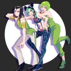 3girls armband black_hair blue_eyes butterfly_ornament double_bun dreadlocks drink ermes_costello foo_fighters_(jojo) green_eyes green_hair green_lips green_overalls hair_bun highres jojo_no_kimyou_na_bouken kogatarou midriff multicolored_hair multiple_girls overalls short_hair sleeveless sleeveless_turtleneck stone_ocean turtleneck two-tone_hair yellow_eyes