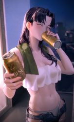 1girl absurdres alcohol balcony beer_can black_hair blush breasts can cityscape cleavage closed_eyes denim denim_shorts drink_can earrings grey_panties grey_pants groin highres jewelry katsuragi_misato large_breasts limart long_hair navel neon_genesis_evangelion night nude outstretched_hand panties pants scar scarf short_shorts shorts solo standing towel towel_around_neck unbuttoned underwear unzipped white_panties yebisu