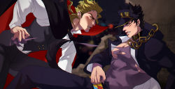 animal_ears bad_id bad_pixiv_id birthmark blonde_hair cape chain dio_brando duplicate fangs joestar_birthmark jojo_no_kimyou_na_bouken kuujou_joutarou large_pectorals less_end long_coat mullet muscular muscular_male no_coat pectorals pixel-perfect_duplicate puffy_chest shirt shoulder_belt stardust_crusaders tail tearing_clothes torn_clothes torn_shirt vampire vest waistcoat wolf_ears wolf_tail