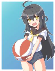 1girl ahoge ball beachball black_hair black_sailor_collar blue_background blue_one-piece_swimsuit blush border covered_navel cowboy_shot crescent crescent_pin gluteal_fold highres kantai_collection long_hair looking_at_viewer mikazuki_(kancolle) no_pants old_school_swimsuit one-piece_swimsuit open_mouth pepatiku sailor_collar school_swimsuit school_uniform serasuku shirt smile solo swimsuit swimsuit_under_clothes white_border white_shirt yellow_eyes
