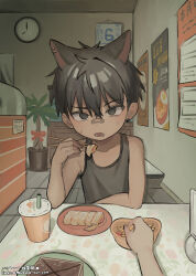 2boys absurdres animal_ear_piercing animal_ears bandaid bandaid_on_face bandaid_on_nose black_eyes black_hair black_tank_top cat_boy cat_ears chopsticks food highres holding holding_chopsticks indoors male_focus multiple_boys omurice_(roza4957) open_mouth original pov pov_hands short_hair tank_top