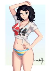 1girl absurdres bikini black_hair border breasts brown_eyes commentary english_commentary highres kawakami_sadayo looking_at_viewer mature_female medium_breasts navel official_alternate_costume persona persona_5 shirt short_hair signature smile solo sonicheroxd standing striped_bikini striped_clothes swimsuit whistle whistle_around_neck white_border white_shirt