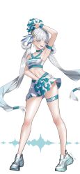 Rule 34 | 1girl, absurdres, arm strap, arm up, armpits, blue bow, bow, breasts, cheerleader, chikarit, clothes writing, commentary, crop top, earrings, english commentary, hair bow, highres, holding, holding pom poms, jewelry, jinhsi (wuthering waves), low twintails, medium breasts, multiple hair bows, navel, pom pom (cheerleading), pom poms, shoes, simple background, skirt, smile, solo, stomach, teeth, thigh strap, twintails, upper teeth only, white background, white hair, white shoes, white skirt, wuthering waves