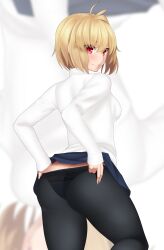 1girl absurdres ahoge arcueid_brunestud ass ass_focus blonde_hair blush breasts clothes_pull hervi hervi_1 highres looking_at_viewer looking_back medium_breasts melty_blood panties panties_visible_through_clothes pantyhose pantyhose_pull red_eyes short_hair solo sweater thighs tsukihime tsukihime_(remake) turning_around turtleneck type-moon underboob underwear undressing vampire