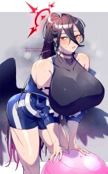 Rule 34 | 1girl, armband, ball, bent over, blue archive, breasts, collar, detached collar, exercise ball, gram quartz, hair between eyes, halo, hasumi (blue archive), hasumi (track) (blue archive), highres, jersey, large breasts, long hair, open mouth, ponytail, red eyes, see-through cleavage, see-through clothes, short shorts, shorts, steaming body, sweatdrop, very long hair, wings