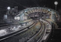 absurdres apartment building dark highres night no_humans original painting_(medium) railing scenery shadow sign steel_beam tanamachi_yoshihiro track_ballast traditional_media train_station truss utility_pole