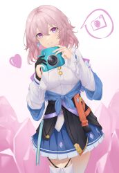 1girl absurdres acorn archery_shooting_glove badge black_corset black_gloves blue_eyes blue_jacket blue_skirt breasts button_badge buttons camera corset cowboy_shot dress_shirt earrings flower_ornament gloves heart highres holding holding_camera honkai:_star_rail honkai_(series) jacket jewelry kinokoneko long_sleeves march_7th_(honkai:_star_rail) march_7th_(preservation)_(honkai:_star_rail) medium_breasts medium_hair miniskirt multicolored_eyes partially_fingerless_gloves pink_eyes pink_hair pleated_skirt shirt single_earring single_glove skirt smile solo speech_bubble spoken_object teeth thigh_strap tied_jacket two-tone_eyes white_shirt