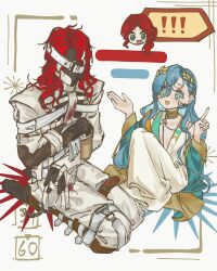 ! !! +_+ 1boy 2girls 37_(reverse:1999) :d aleph_(reverse:1999) ancient_greek_clothes black_gloves black_mask black_shoes blue_eyes blue_hair book chaojue_zhennairen covered_face full_body gloves gold_choker greco-roman_clothes green_eyes hair_between_eyes hands_up highres holding holding_book index_finger_raised inset_border knees_up laurel_crown long_hair multiple_girls on_ground open_mouth pants plunging_neckline red_hair reverse:1999 seiza shirt shoes sitting smile sophia_(reverse:1999) very_long_hair white_background white_pants white_shirt