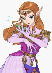 1girl absurdres armor blue_eyes circlet commentary cowboy_shot dress earrings elbow_gloves gem gloves highres jewelry long_hair looking_at_viewer nintendo orange_hair parted_lips pink_dress pink_gloves pointy_ears princess princess_zelda red_gemstone shoulder_armor simple_background solo sparkle symbol-only_commentary the_legend_of_zelda the_legend_of_zelda:_ocarina_of_time triforce watermark white_background yamori_(yamoooon21)