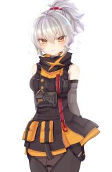 1girl absurdres black_gloves gloves goggles grey_hair grey_sleeves hair_between_eyes highres looking_at_viewer orange-tinted_eyewear ponytail simple_background soldier_11_(zenless_zone_zero) solo tinted_eyewear white_hair yellow-tinted_eyewear yu_(pixiv_91499083) zenless_zone_zero