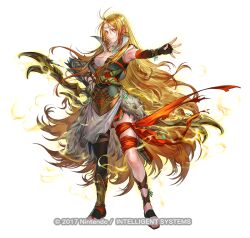 1girl ahoge armpits arrow_(projectile) blonde_hair braid breasts circlet cleavage copyright_notice dress earrings elbow_gloves fire_emblem fire_emblem:_genealogy_of_the_holy_war fire_emblem_heroes full_body gloves gradient_clothes hand_on_own_hip hand_up hoop_earrings jewelry long_hair looking_at_viewer medium_breasts necklace nintendo official_art parted_lips quiver short_dress simple_background single_thighhigh sleeveless smile solo standing suzuki_rika thighhighs toes ullr_(fire_emblem) white_background yellow_eyes