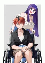 1boy 1girl :d artist_name black_choker black_hair black_shirt breasts bright_pupils brown_shorts choker commentary contemporary fern_(sousou_no_frieren) highres ice_pack inkspirate large_breasts long_hair multicolored_hair open_mouth purple_eyes purple_hair red_hair shirt short_hair shorts sitting smile sousou_no_frieren splint stark_(sousou_no_frieren) two-tone_hair wheelchair white_pupils white_shirt wide-eyed