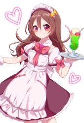 Rule 34 | 1girl, absurdres, alternate costume, apron, black skirt, bow, bowtie, brooch, brown hair, closed mouth, cowboy shot, drinking straw, enmaided, fortissimo, hair between eyes, hair ornament, heart, heart brooch, highres, holding, holding plate, jewelry, kimi to idol precure, long hair, maid, maid headdress, medium skirt, musical note, musical note hair ornament, plate, precure, red bow, red bowtie, red eyes, sakura uta (precure), shirt, short sleeves, skirt, sleeve bow, smile, solo, standing, tropical drink, user jzcr7853, white apron, white background, white shirt, white wrist cuffs, wrist cuffs