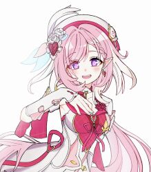 Rule 34 | 1girl, breasts, collarbone, commentary, diamond-shaped pupils, diamond (shape), dress, earrings, elysia (honkai impact), hair ornament, hand up, hat, heart, heart earrings, highres, honkai (series), honkai impact 3rd, jewelry, long hair, looking at viewer, medium breasts, mi (27782900), open mouth, pink hair, pointy ears, purple eyes, simple background, smile, solo, symbol-only commentary, symbol-shaped pupils, upper body, very long hair, white background, white dress, white hat