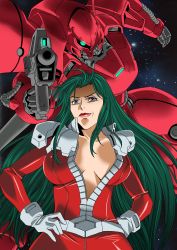 Rule 34 | 1girl, bad id, bad pixiv id, beam rifle, belt, blue eyes, breasts, breasts apart, center opening, cima garahau, energy gun, gerbera tetra, gloves, glowing, glowing eye, green hair, gundam, gundam 0083, hands on own hips, highres, large breasts, lipstick, long hair, looking at viewer, makeup, pilot suit, platin (alios), smirk, space, unzipped, very long hair, weapon, white gloves