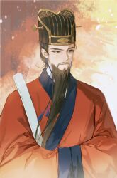 Rule 34 | 1boy, absurdres, beard, black hair, chinese clothes, chinese text, commentary request, dongpo jin (headwear), facial hair, folding fan, hand fan, hands in opposite sleeves, hanfu, hat, highres, huban, jiaoling ruqun, jin (headwear), long hair, male focus, ming dynasty, mustache, original, solo, translation request, upper body, wide sleeves, yutou jun
