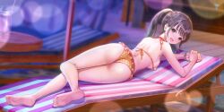 1girl :d ass azumi_nanaka barefoot bead_bracelet beads bikini bikini_skirt black_hair blue_reflection_(series) blue_reflection_sun bracelet breasts chair cup drinking_glass feet from_behind game_cg grey_eyes halterneck highres jewelry kishida_mel lens_flare long_hair looking_at_viewer looking_back lounge_chair lying medium_breasts night non-web_source official_art open_mouth round_table scrunchie shoulder_blades sideboob sidelocks smile soles solo swept_bangs swimsuit table tile_floor tiles toes twintails twisted_torso wet white_scrunchie wooden_table wrist_scrunchie yellow_bikini