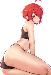 1girl absurdres ahoge ass bad_link black_panties black_shirt deccatezu ear_piercing hair_over_one_eye highres messy_hair midriff one_eye_covered original panties piercing red_eyes red_hair saya_(deccatezu) shirt short_hair thighs underwear white_background