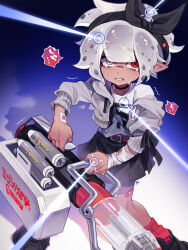 ... 1girl ankle_socks bandaged_arm bandages bandaid bandaid_on_leg belt black_bow black_choker black_hair black_hairband black_shoes black_shorts black_skirt blood bloody_bandages bow bow_hairband choker commentary_request cropped_hoodie crosshair crying crying_with_eyes_open drawstring eyes_visible_through_hair foot_out_of_frame furrowed_brow gauze gauze_on_hand gradient_background grey_eyes grey_hoodie hair_bow hairband heavy_edit_splatling_(splatoon) heterochromia highres holding holding_weapon hood hoodie inkling inkling_girl inkling_player_character mismatched_pupils motion_lines multicolored_hair nintendo off_shoulder open_clothes open_hoodie open_mouth pleated_skirt pointy_ears polka_dot polka_dot_hair print_shirt red_belt red_eyes red_socks shirt shoes short_hair shorts shorts_under_skirt skirt sleeve_bow socks solo speech_bubble splatoon_(series) splatoon_3 suke_81 symbol-shaped_pupils tears translation_request two-tone_hair weapon white_hair white_shirt x-shaped_pupils