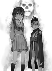 1boy 1girl abaddon_(sasaki_to_p-chan) aura blush cloak closed_mouth collarbone cowboy_shot crown hair_between_eyes kantoku long_hair long_sleeves looking_at_viewer monochrome open_mouth otonari-san_(sasaki_to_p-chan) pleated_skirt ponytail sasaki_to_p-chan school_uniform short_hair simple_background skirt skull smile standing white_background
