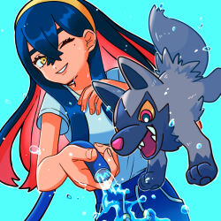 1girl aqua_background black_hair blue_shirt carmine_(pokemon) gen_3_pokemon hairband holding holding_hose hose long_hair looking_at_viewer mole mole_under_eye nintendo one_eye_closed open_mouth pokemon pokemon_(creature) pokemon_sv poochyena red_eyes red_hair sakuramochi0906 sharp_teeth shirt short_sleeves simple_background teeth water wet yellow_eyes yellow_hairband