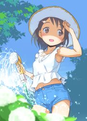 1girl armpits black_hair blue_sky day denim denim_shorts hat holding holding_hose hose hose_nozzle idolmaster idolmaster_cinderella_girls midriff navel navel_peek outdoors sasaki_chie shorts sky solo stomach sweat thighs yama_tatsuo