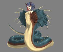 1girl absurdres animal_hood ark_line blue_hair blue_skin breasts brown_scales colored_skin commentary_request completely_nude full_body godzilla_(series) green_scales grey_background highres hood horns king_cobra_(godzilla) lamia long_tongue looking_at_viewer medium_breasts monster_girl multicolored_hair multicolored_skin navel no_nipples no_pussy nude open_mouth personification pointy_ears red_hair ribs sideboob simple_background slit_pupils smile solo spikes stomach tongue tongue_out two-tone_hair yellow_eyes yellow_scales