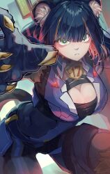 1girl absurdres animal_ear_fluff animal_ears black_hair breasts brown_hair claws cleavage cleavage_cutout closed_mouth clothing_cutout colored_inner_hair cowboy_shot duel_monster furry furry_female green_eyes highres k9_-_#17_&quot;ripper&quot; k9_-_#17_izuna large_breasts multicolored_hair nimm_2626 police police_uniform short_hair solo weasel_ears weasel_girl yu-gi-oh!