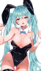 Rule 34 | 1girl, absurdres, alternate costume, animal ears, anzu (x anzu ill), aqua eyes, aqua hair, bare shoulders, black leotard, blue nails, blush, breasts, covered erect nipples, cowboy shot, detached collar, fake animal ears, gluteal fold, green eyes, hatsune miku, highres, hip dips, large breasts, leg tattoo, leotard, long hair, number tattoo, open mouth, playboy bunny, rabbit ears, signature, simple background, solo, strapless, strapless leotard, tattoo, thighhighs, twintails, vocaloid, white background, wrist cuffs