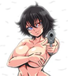 1girl black_hair blue_eyes breasts completely_nude covering_breasts covering_privates devil_may_cry_(series) gun handgun heterochromia highres holding holding_gun holding_weapon lady_(devil_may_cry) lewdamone looking_at_viewer navel nude red_eyes short_hair smile weapon