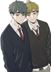 2boys black_hair blonde_hair bright_7wt brothers brown_eyes closed_mouth collared_shirt grey_eyes grey_hair haikyuu!! highres light_smile long_sleeves looking_at_viewer male_focus miya_atsumu miya_osamu multicolored_hair multiple_boys necktie red_necktie shirt short_hair siblings simple_background twins two-tone_hair upper_body white_background white_shirt